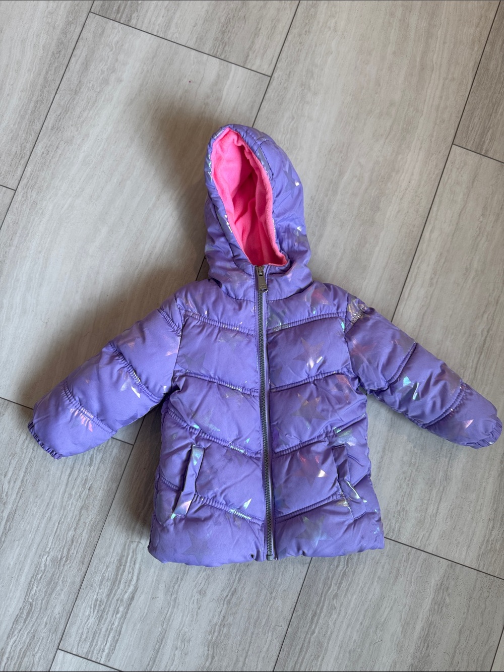 Limited Too Girls puffer jacket 2T with hood and pockets, purple pink stars